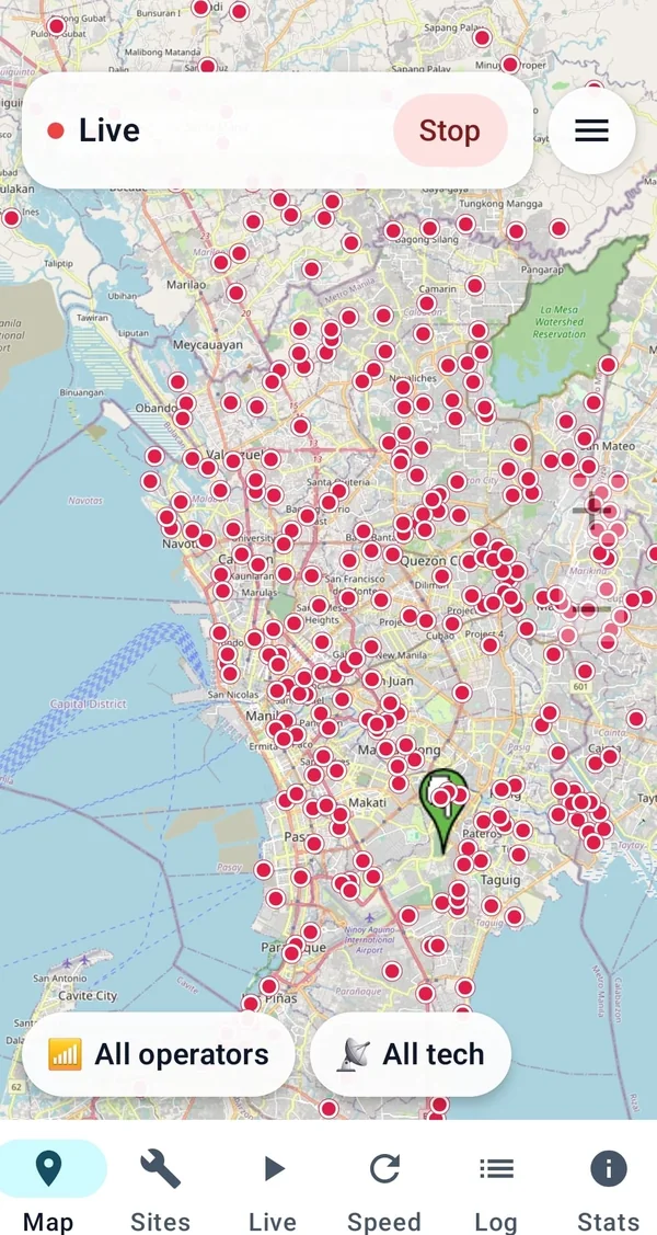 SigBench live map showing hundreds of crowdsourced signal measurements across Metro Manila